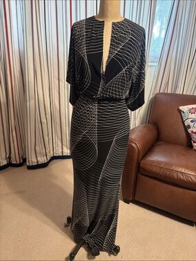 Norma Kamali Black and White Geometric Wave Maxi Dress